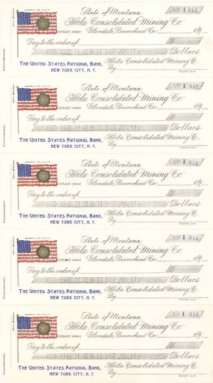  Uncut Sheet of 5 Mining Checks  -  189- dated Americana