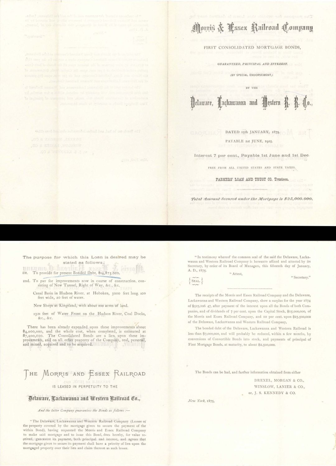 Morris and Essex RR leased to Delaware, Lackawanna and Western RR - 1875  dated Americana