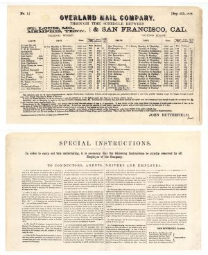 Modern Reprint of the Overland Mail Company Schedule - 1858 dated Americana