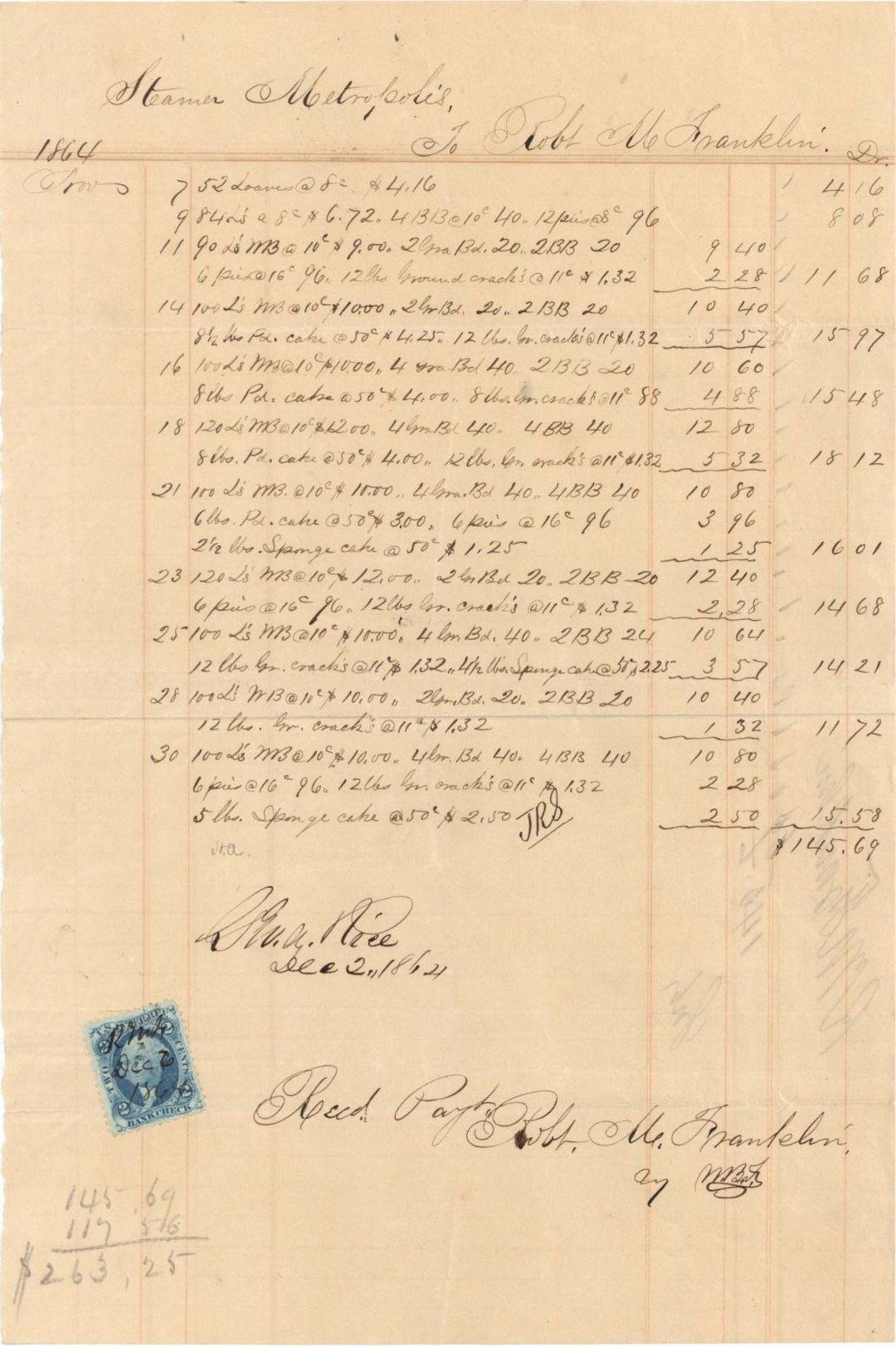 Purchase Order with Revenue Stamp - 1864 dated Americana