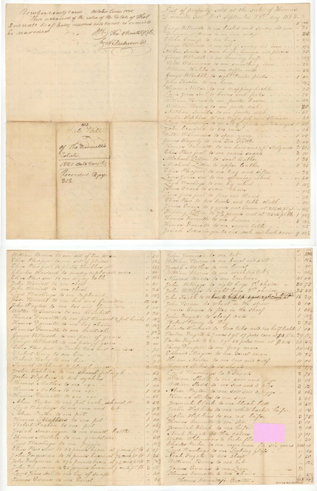 1825 dated Slavery Document - List of Sale of Thomas Darneille - Americana