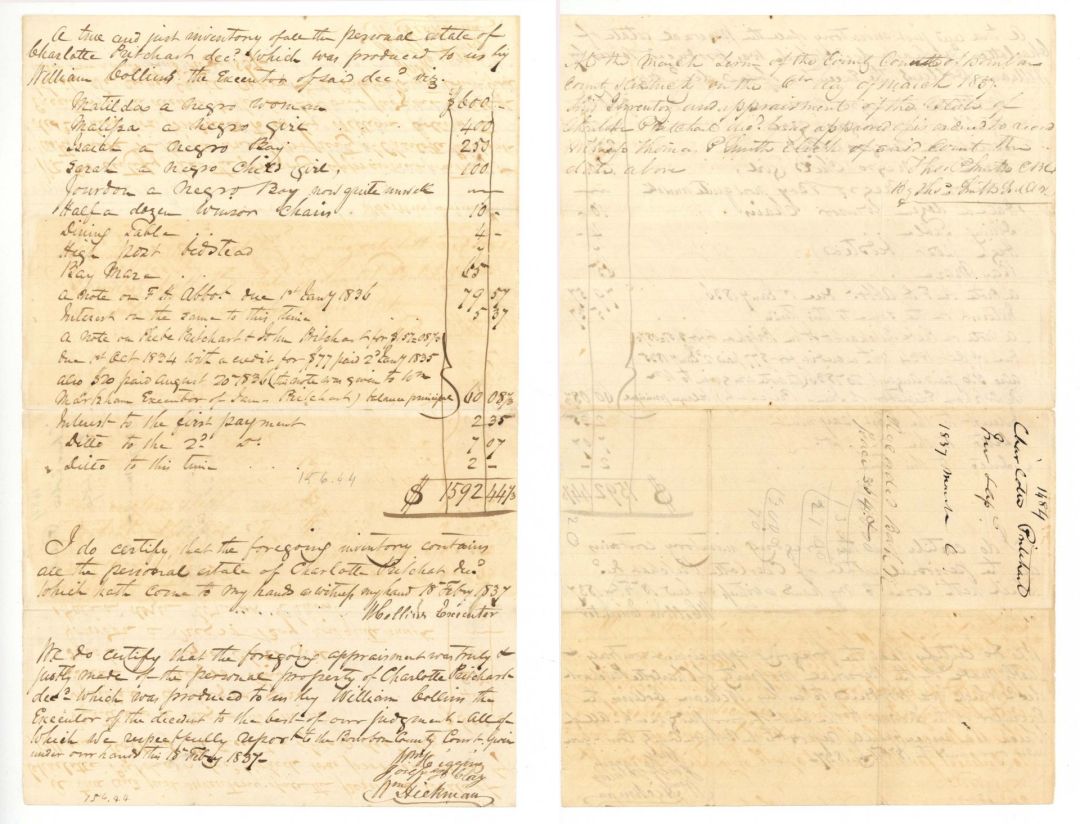 1837 dated Slavery Document - Will of Charlotte P? - Americana