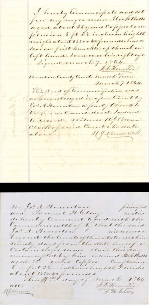 Record of Emancipation and Freedom of Slave - 1864 dated Americana