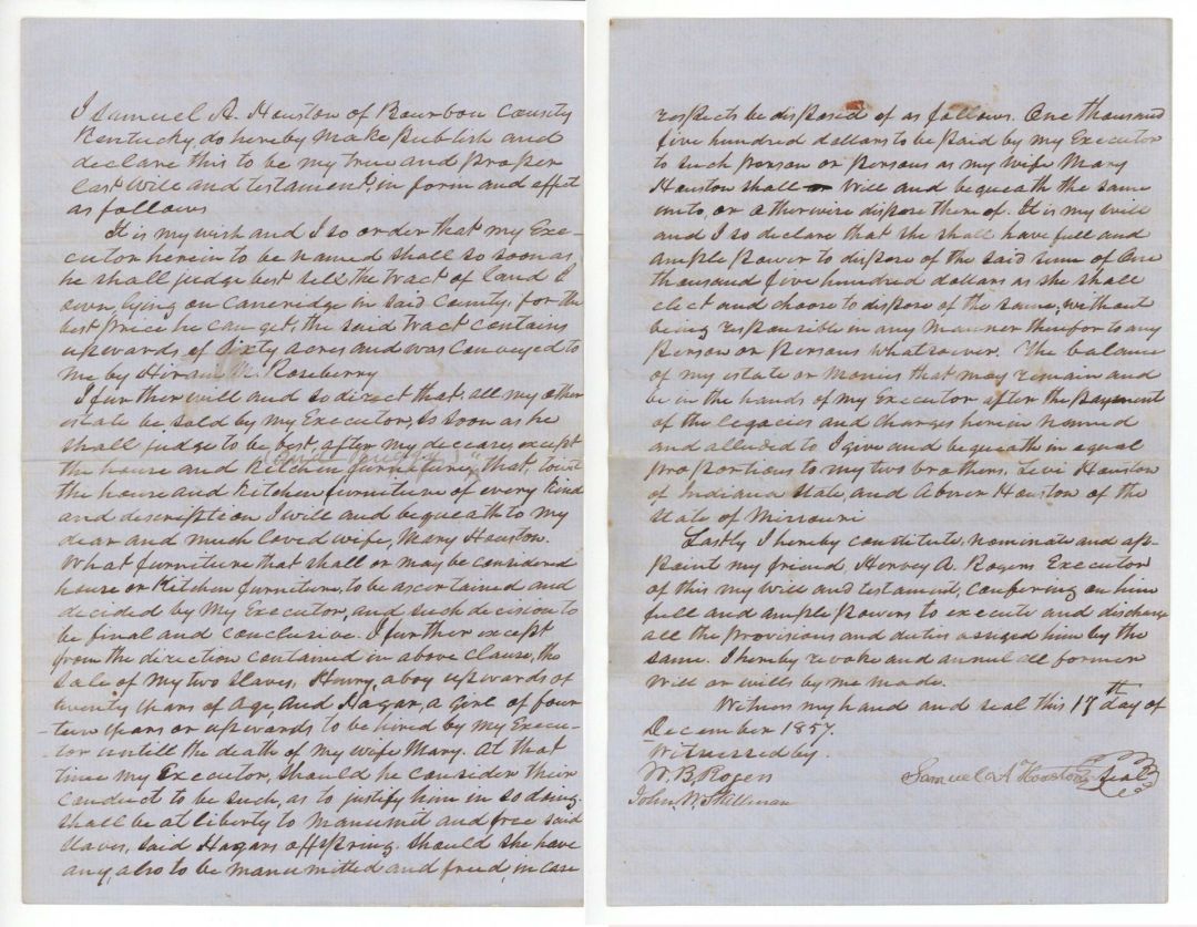 1854 dated Slavery Document - Will of Samuel A. Houston - Americana