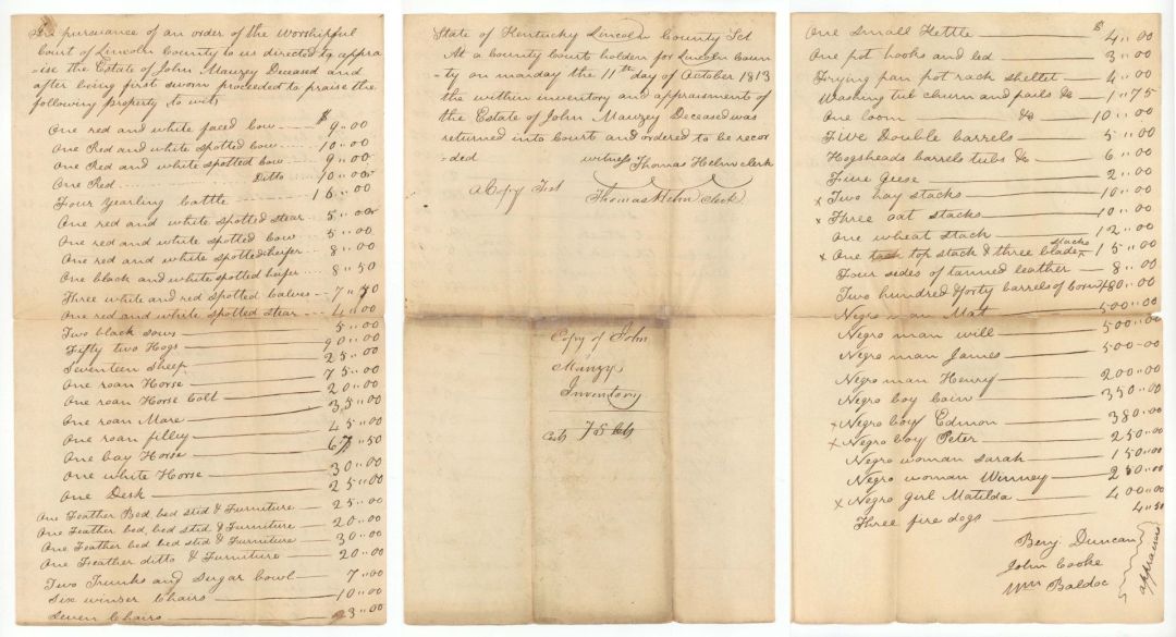 1813 dated Slavery Document - Inventory and Appraisement of Estate - Americana