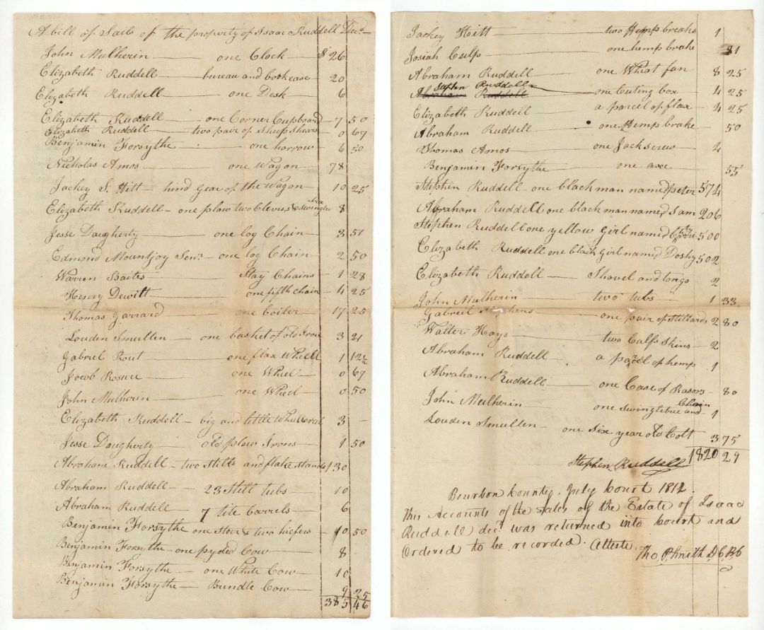 1812 dated Slavery Document - Bill of Sale of Property of Isaac Ruddell - Americana