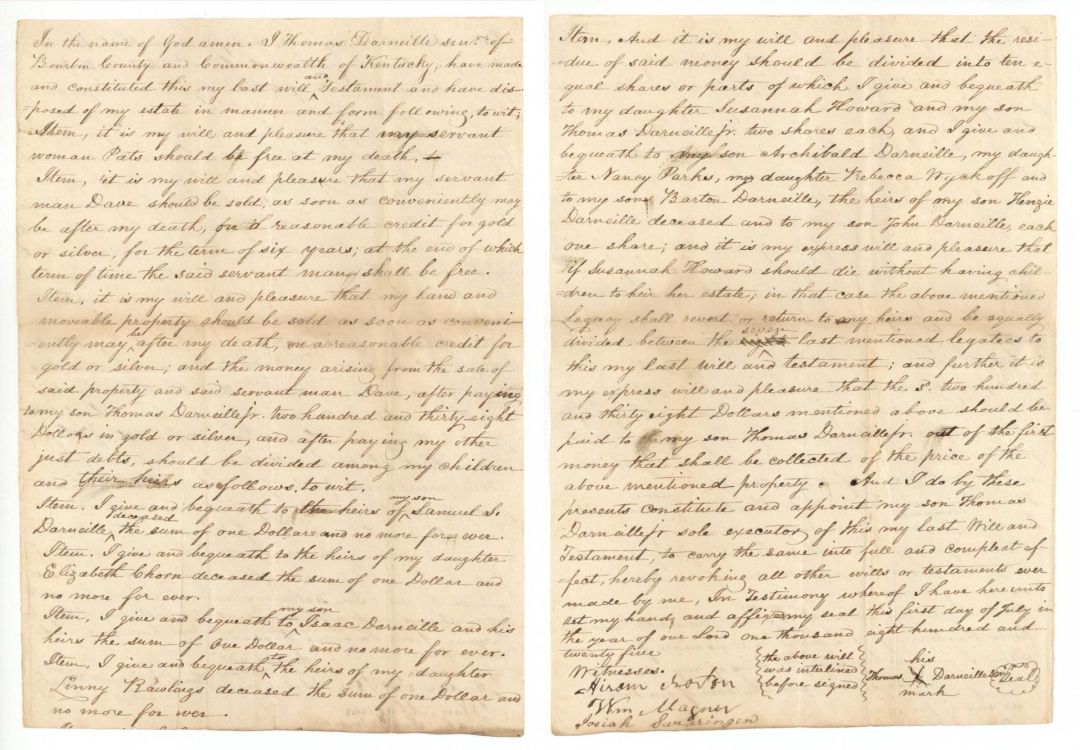 1825 dated Slavery Document - Estate Will of Thomas Darneille - Americana