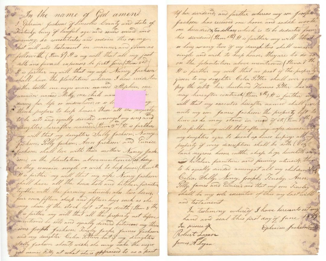 1829 dated Slavery Document - Estate Will of Ephraim Jackson - Americana