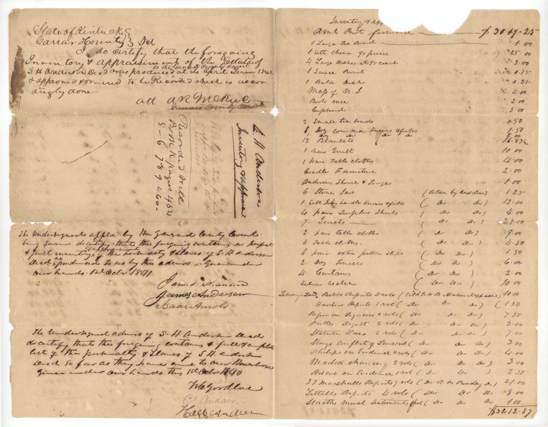 1841 dated Slavery Document - Inventory and Appraisement of Estate - Americana