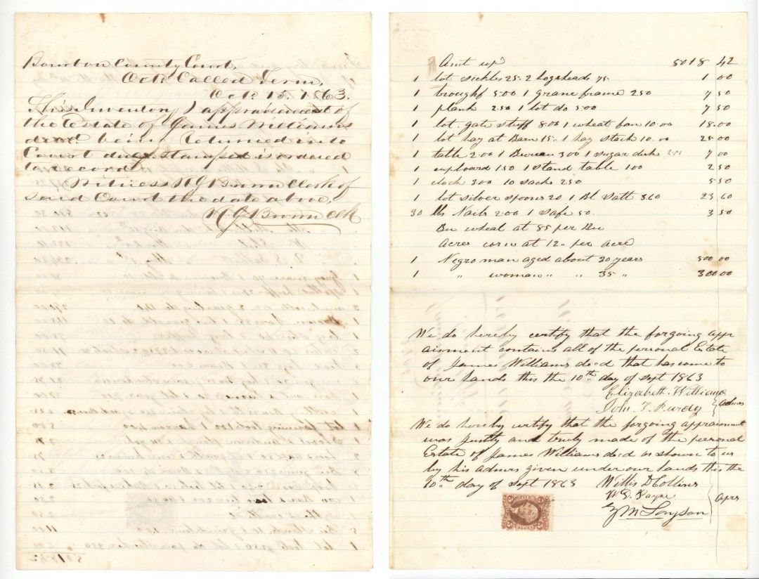 1863 dated Slavery Document - Inventory and Appraisement of Estate - Americana