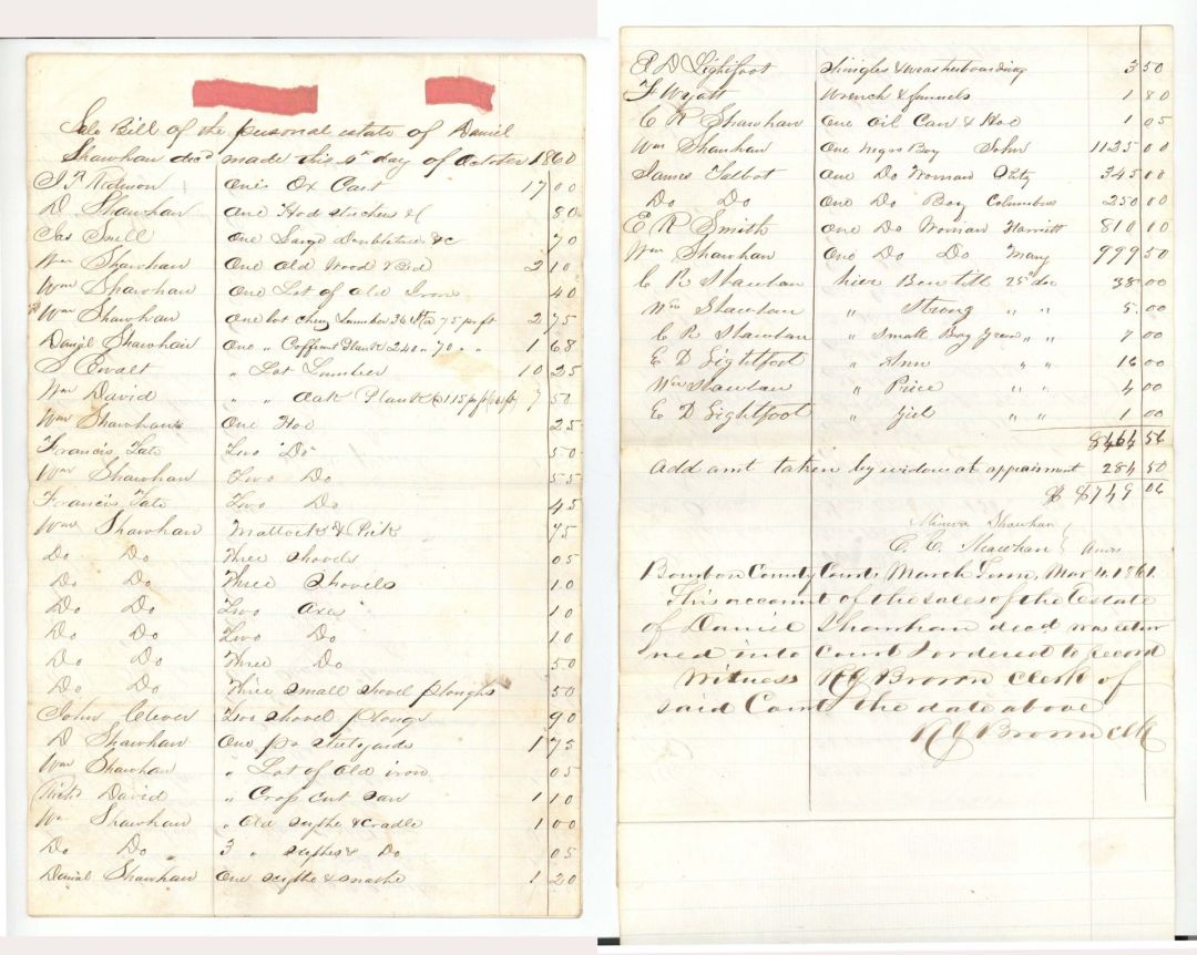 1860 dated Slavery Document - Sale Bill of Estate - Americana