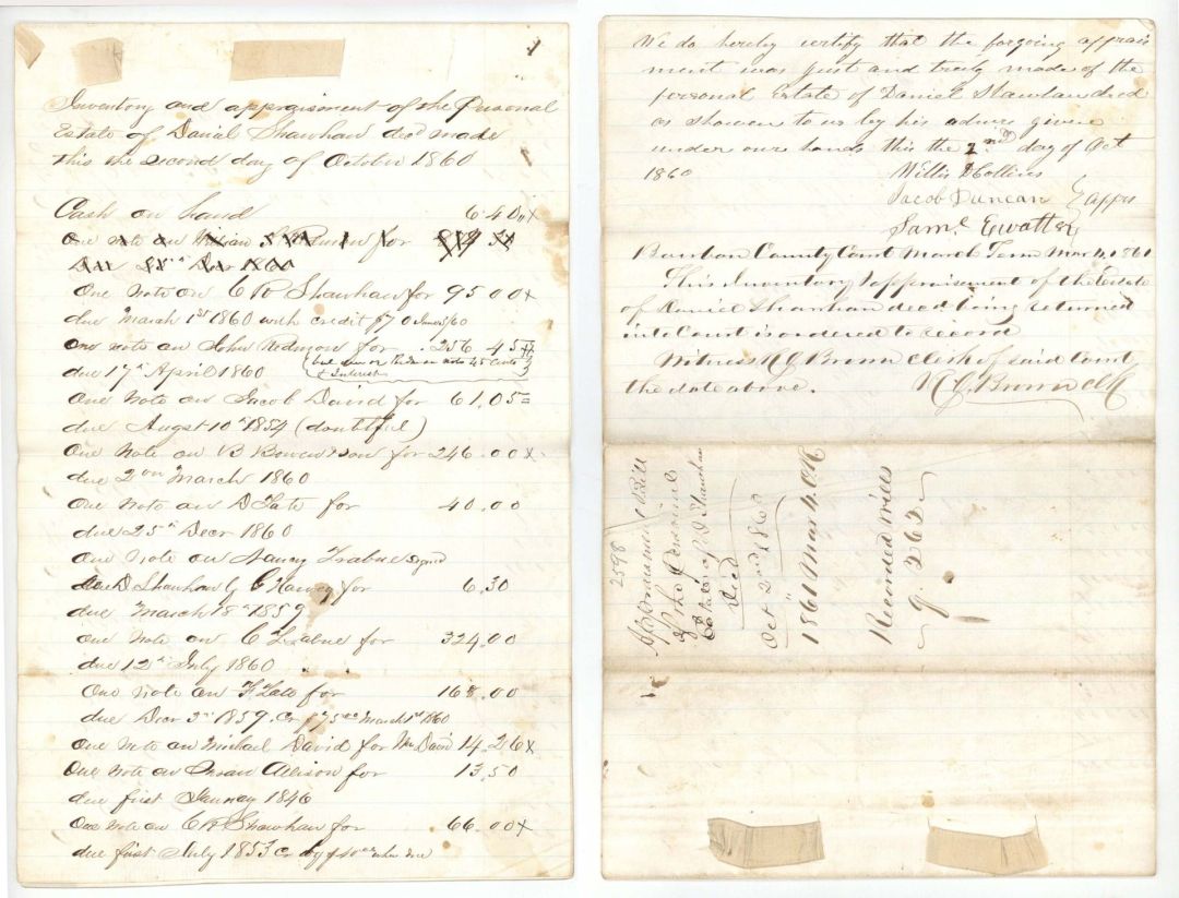 1860 dated Slavery Document - Inventory and Appraisement of Estate - Americana