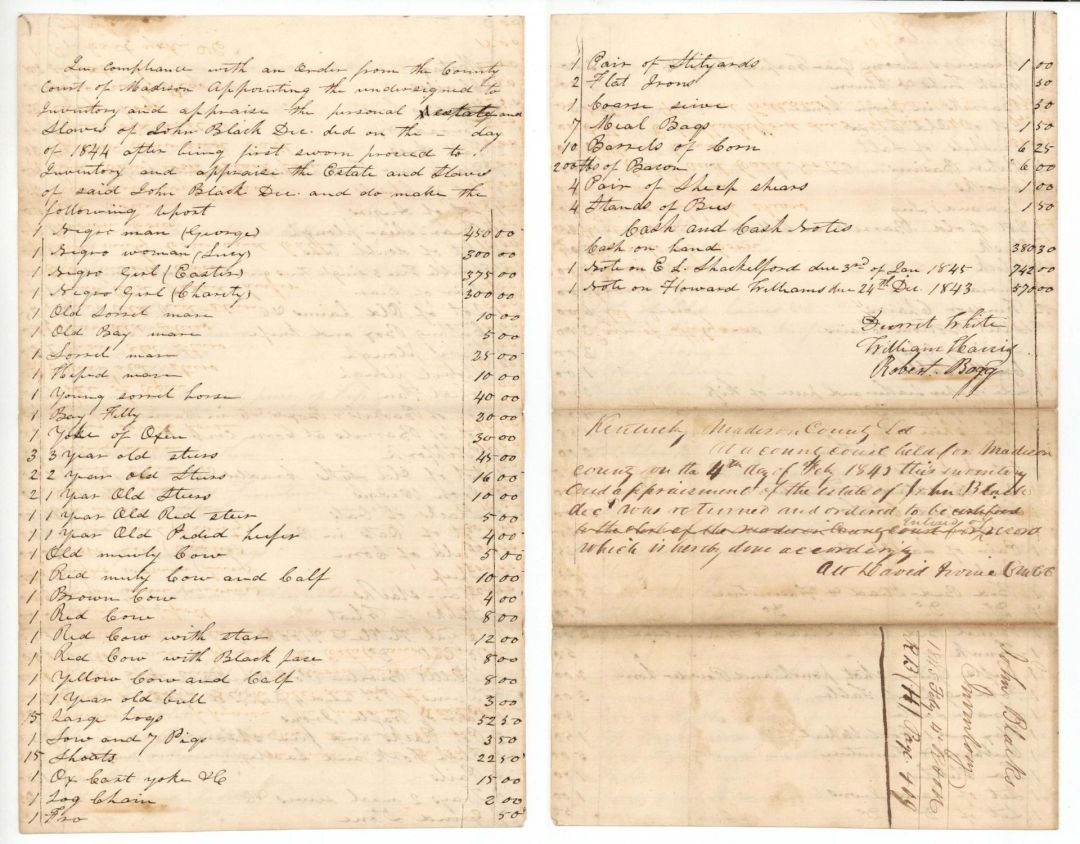 1844 dated Slavery Document - Estate Appraisal - Americana