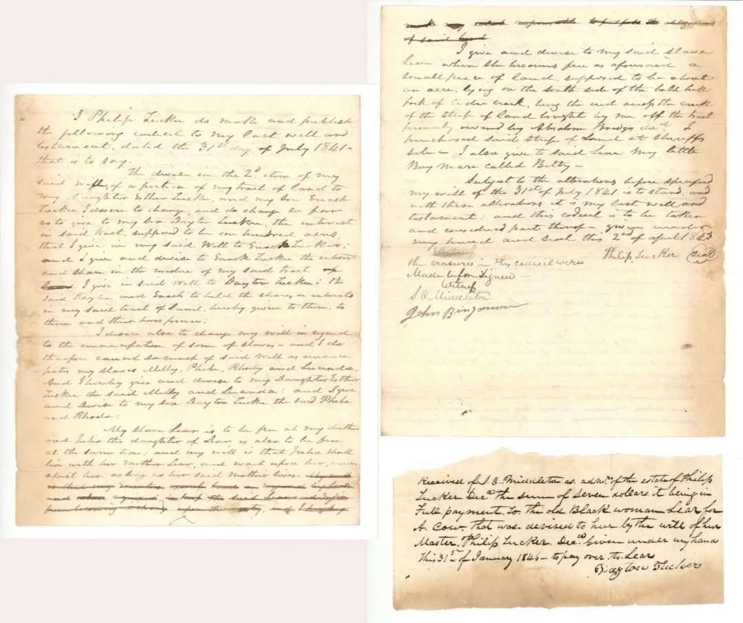 1843-1844 dated Slavery Document - Last Will and Testament - Americana