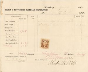 Boston and Providence RR Corp. Invoice with Revenue Stamp - 1868 dated Americana