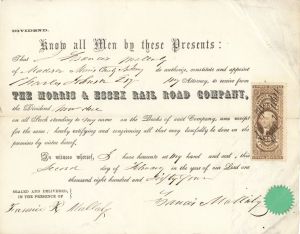 Morris and Essex RR Co. Dividend Receipt with Revenue Stamp - 1864 dated Americana