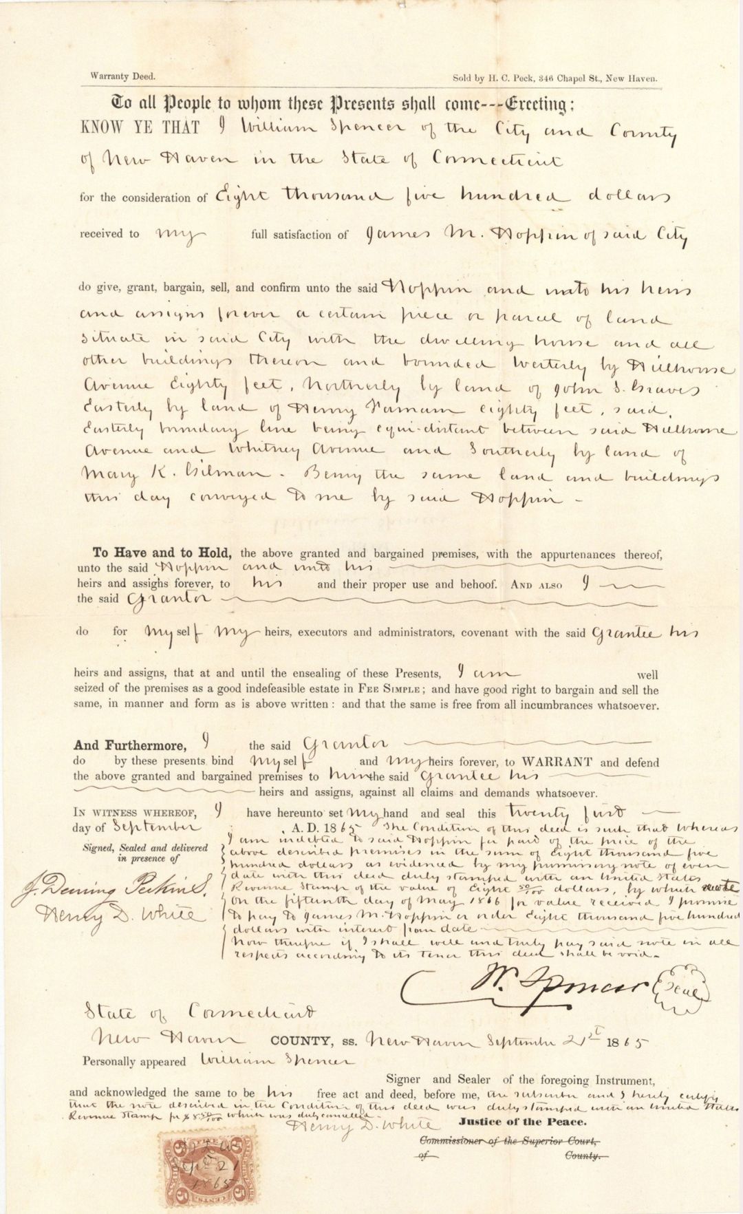 Land Record with Revenue Stamp - 1865 dated Americana