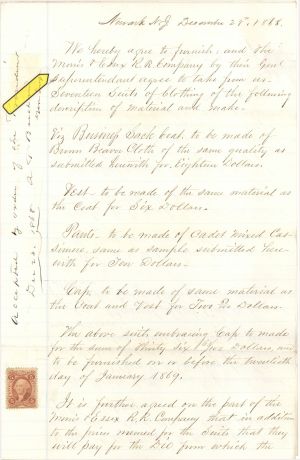 Receipt for Clothing for the Morris and Essex RR Company with Revenue Stamp - 1868 dated Americana