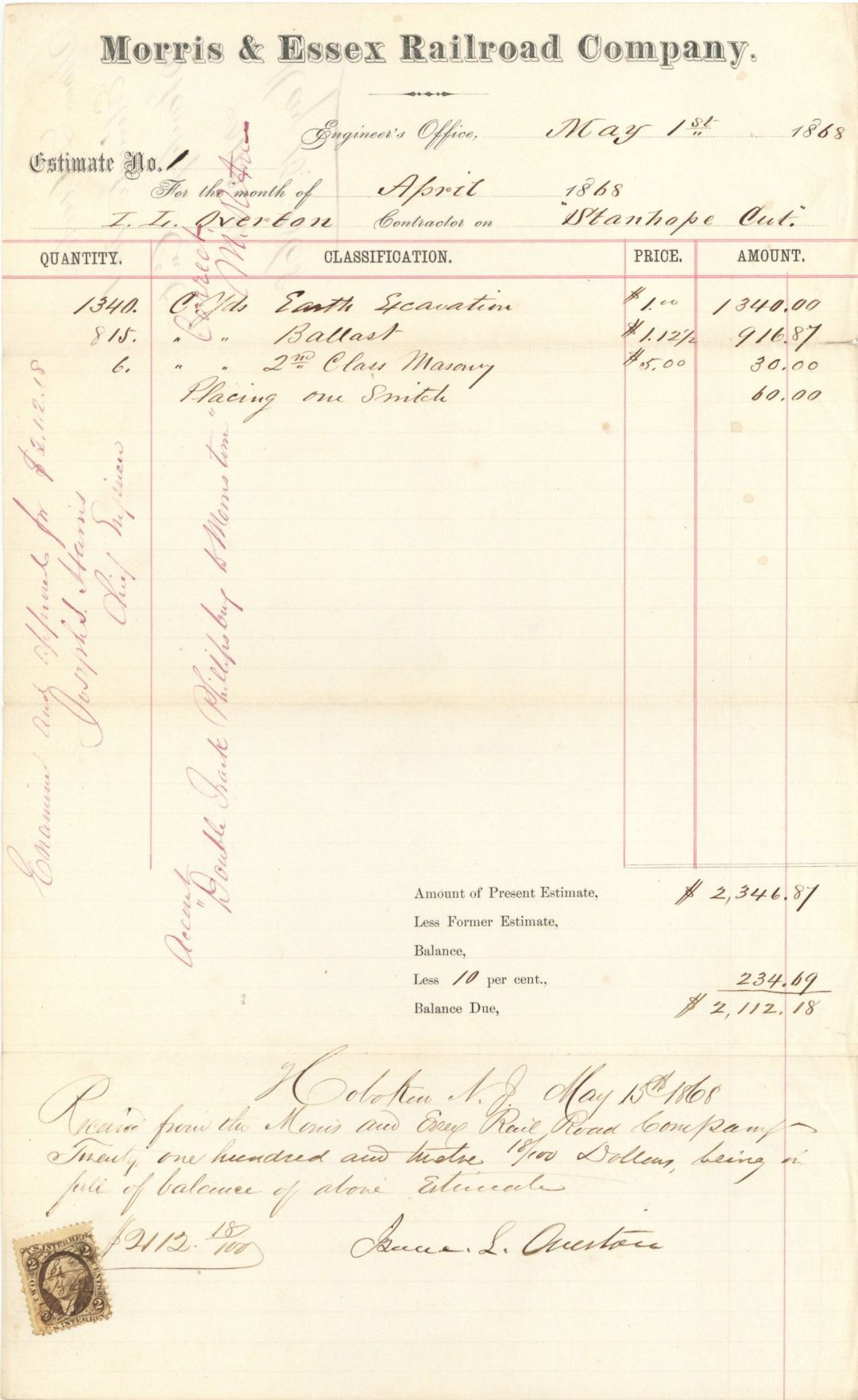 Morris and Essex RR Co. Estimate with Revenue Stamp - 1868 dated Americana