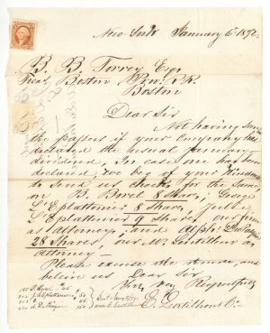 Boston and Providence RR Dividend Letter with Revenue Stamp - 1872 dated Americana