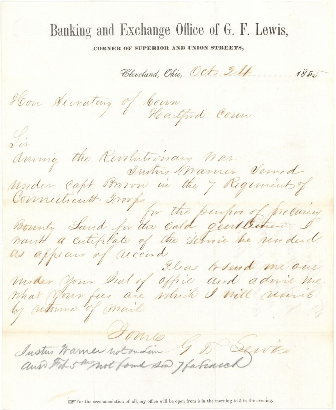 Revolutionary War Service Request Letter - 1855 dated Americana