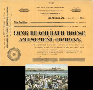 Long Beach Bath House and Amusement Company Stock and Postcard -  1934 dated Americana