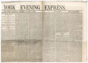 York Evening Express Newspaper -  1861 dated Americana