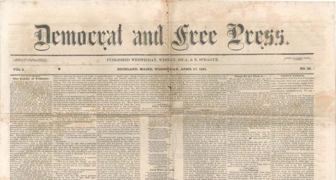 Democrat and Free Press Newspaper -  1861 dated Americana