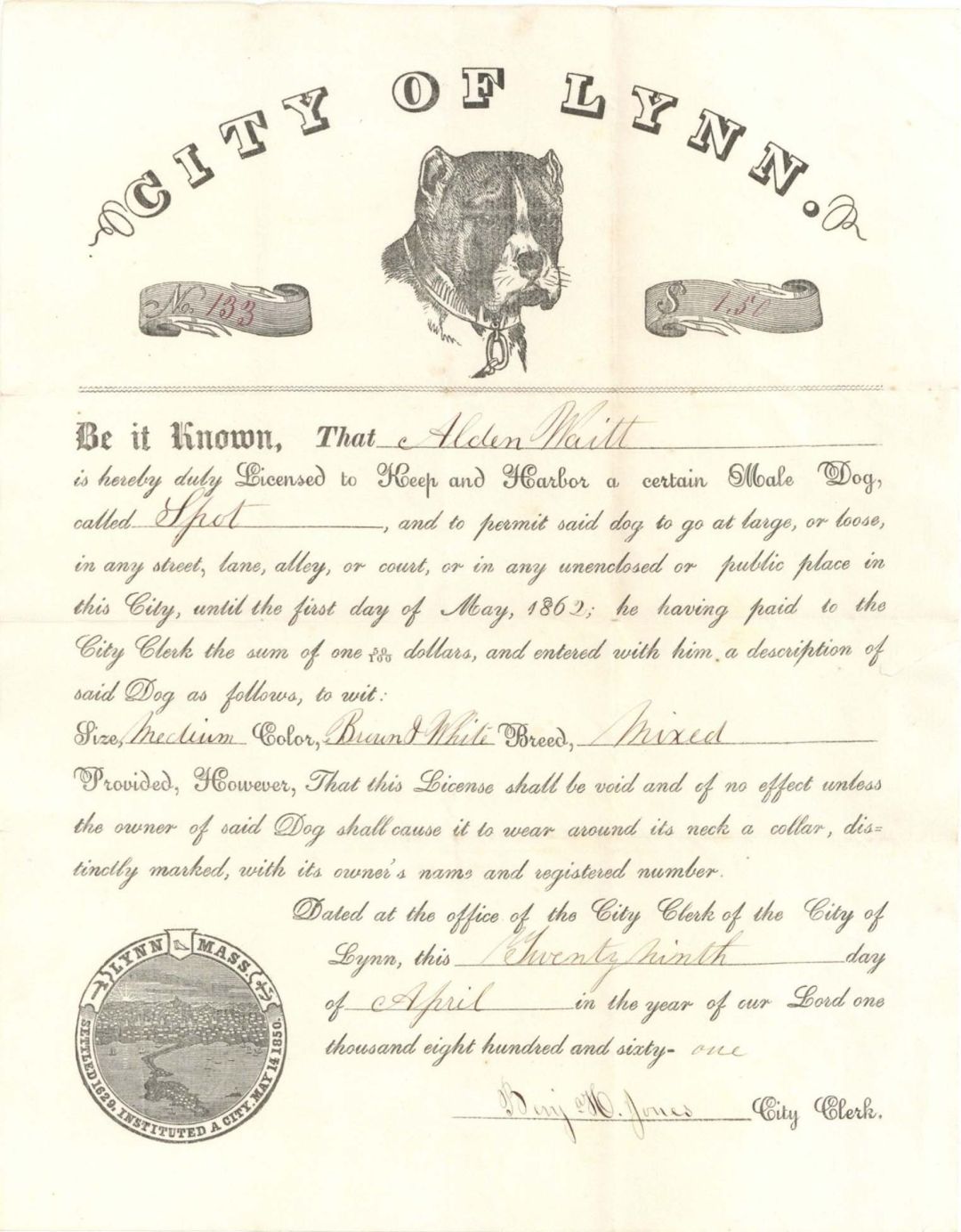 City of Lynn Dog License -  1861 dated Americana