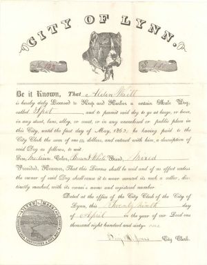 City of Lynn Dog License - 1861 dated Americana - Lynn, Massachusetts