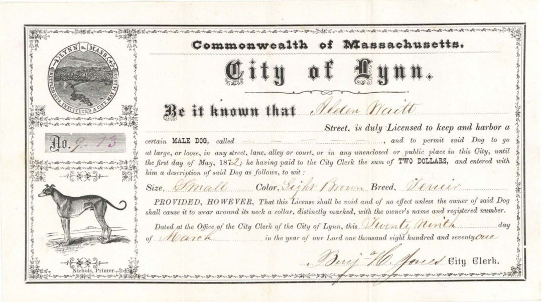 City of Lynn Dog License -  1871 dated Americana