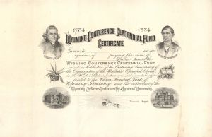 Wyoming Conference Centennial Fund Certificate -  1884 dated Americana