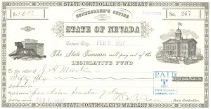 State of Nevada - 1897 dated State Controller's Office Warrent - Carson City, Nevada