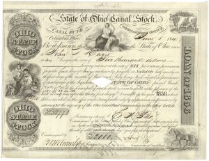 State of Ohio Canal Stock - 1848 dated Ohio Canal Stock Certificate