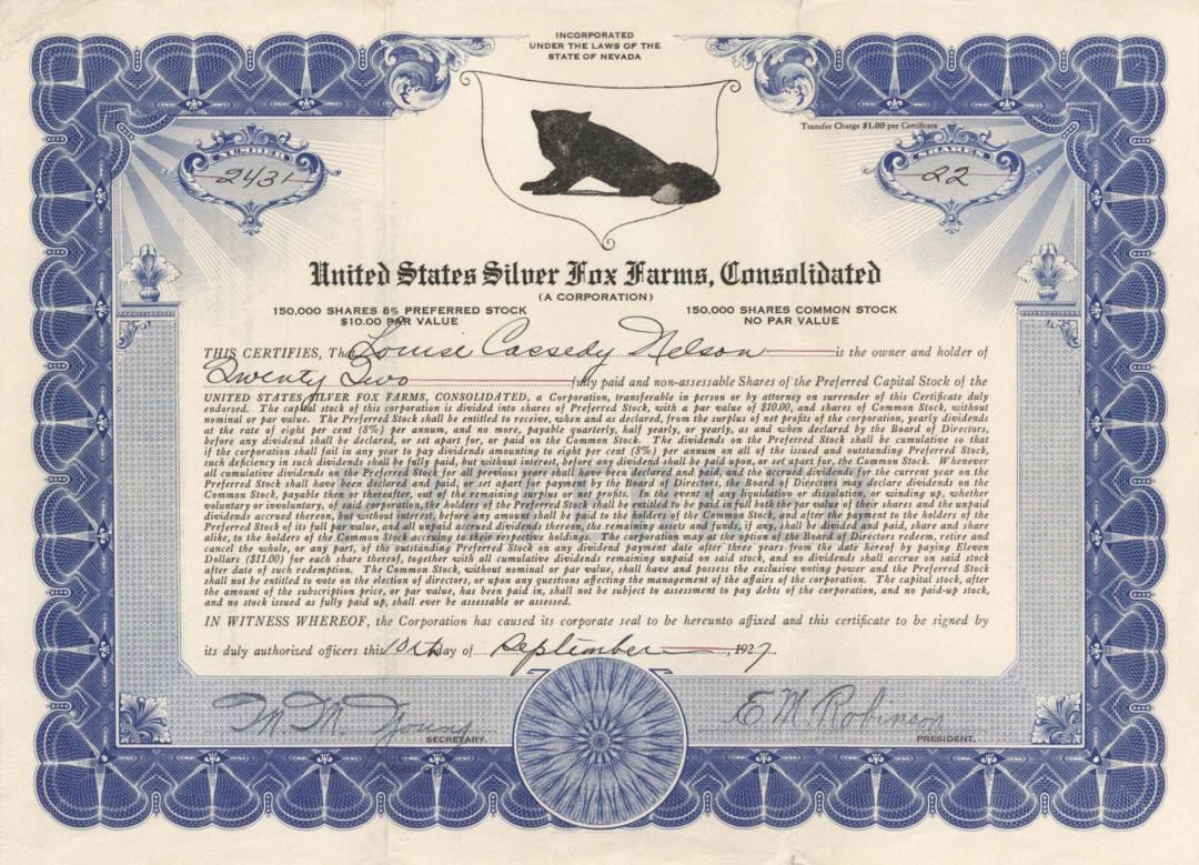 United States Silver Fox Farms, Consolidated - 1927 dated Stock Certificate