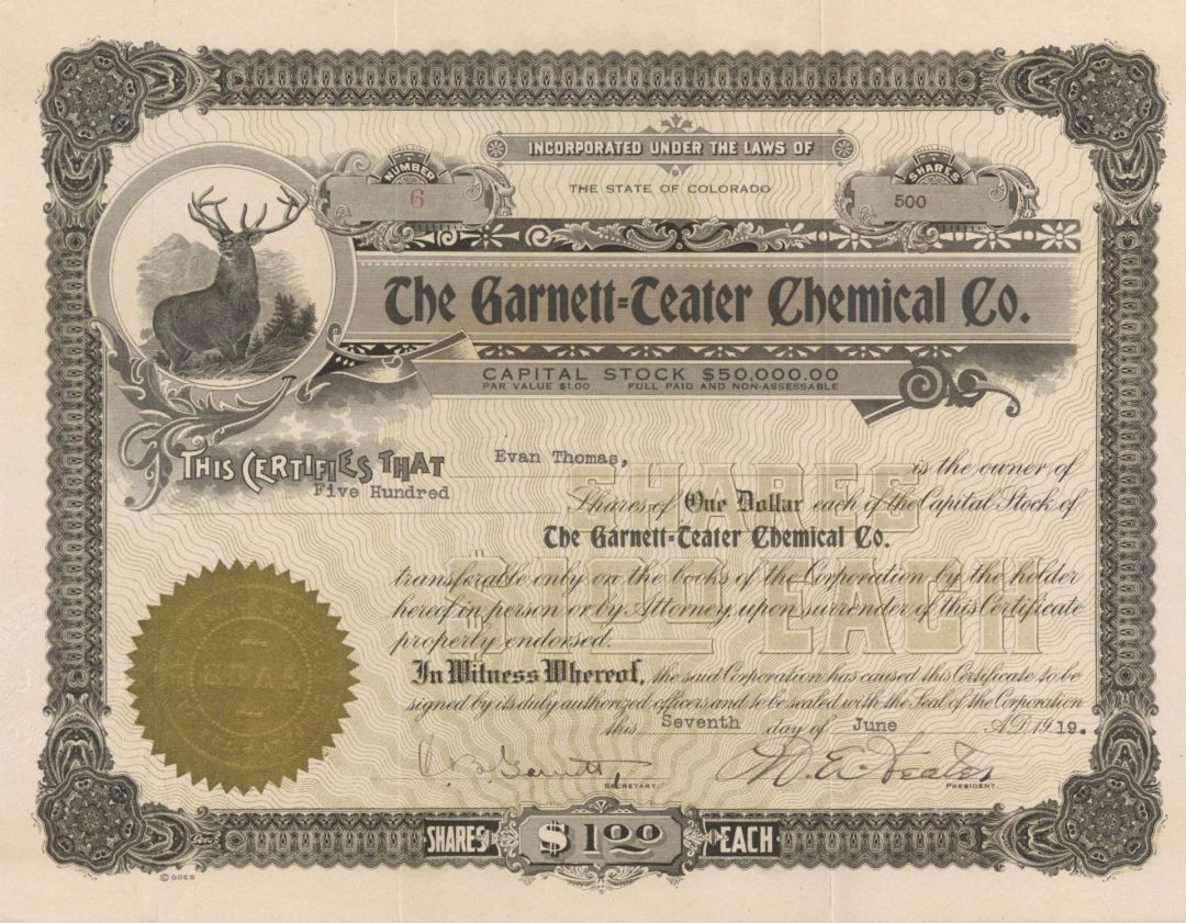 Garnett-Teater Chemical Co. - 1919 dated Stock Certificate - Elk Vignette