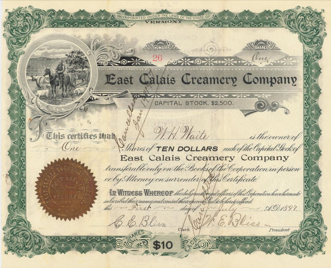 East Calais Creamery Company - Stock Certificate