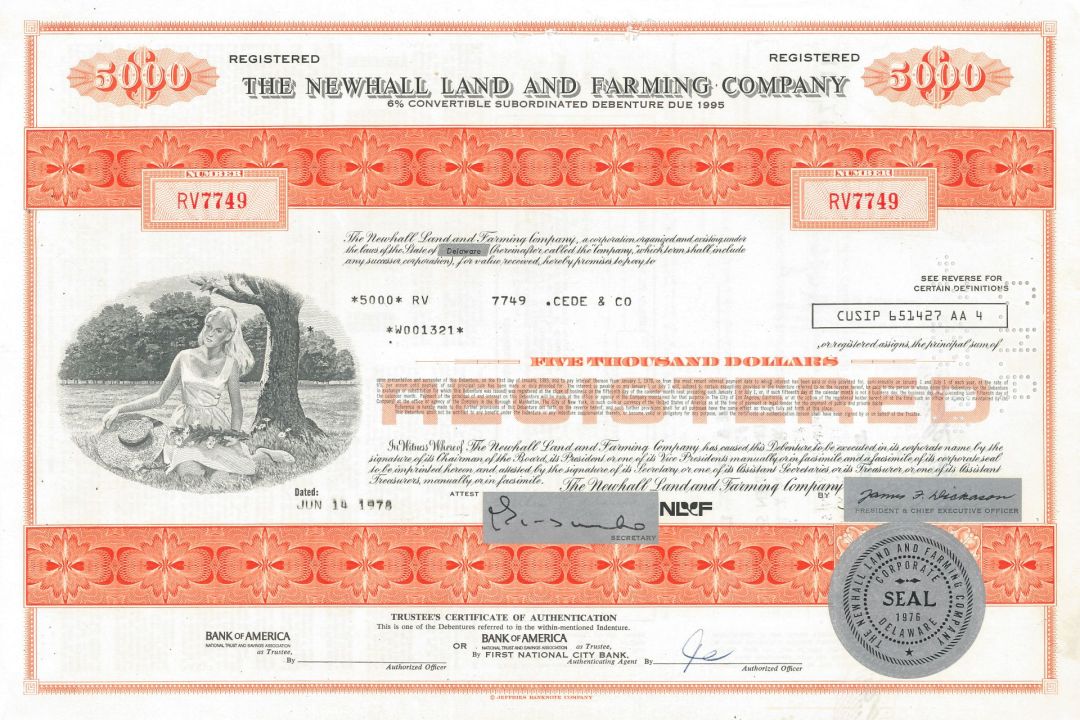 Newhall Land and Farming Company - 1970-1978 dated Registered Bond - Various Denominations