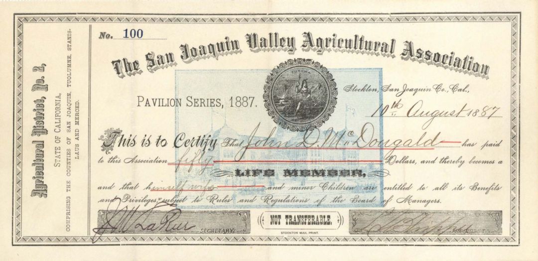 San Joaquin Valley Agricultural Assoc. - 1887 dated Membership Certificate