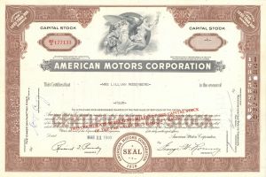 American Motors Corporation - 1950's-70's dated Automotive Stock Certificate - Famous Car Maker