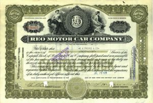 Reo Motor Car Co. - 1910-30's dated Automotive Stock Certificate - Famous Car Maker