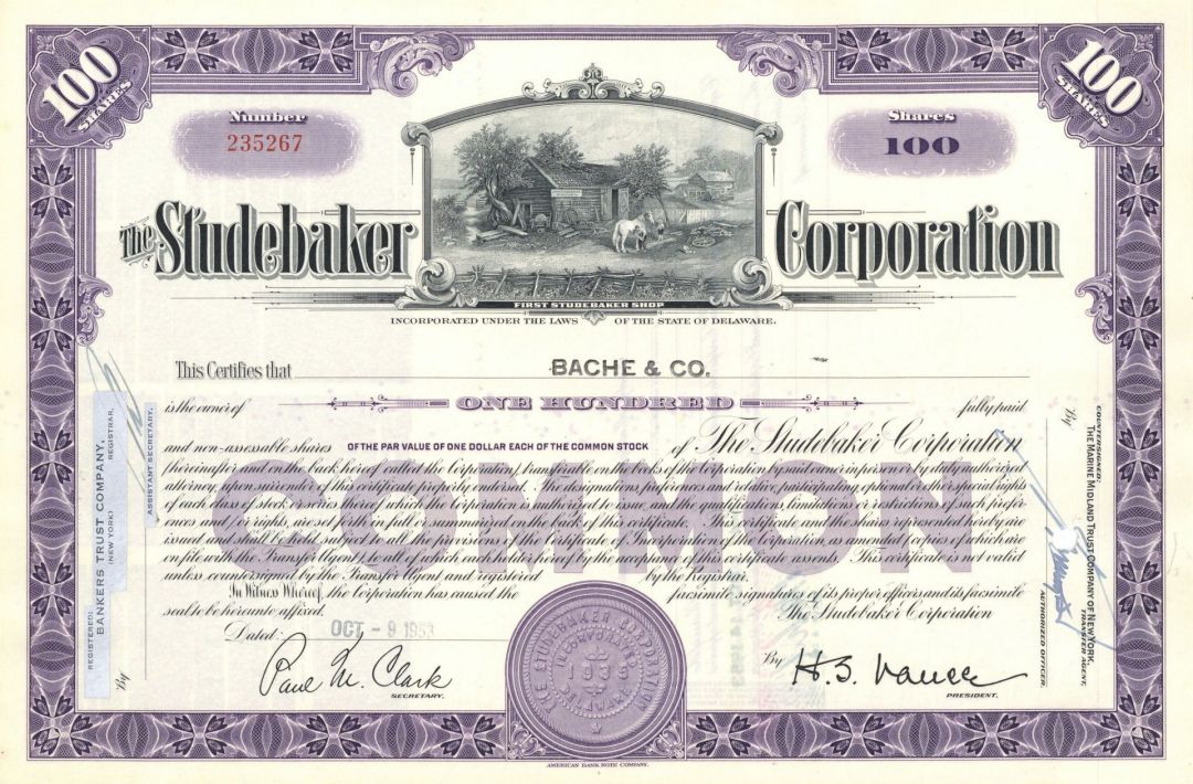Studebaker Corporation - 1950's Automotive Stock Certificate - Famous Car Maker