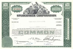 Studebaker Corporation - 1960's dated Automobile Stock Certificate - Famous Car Maker