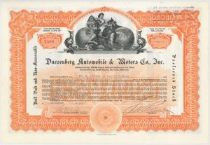 Duesenberg Automobile and Motors Company, Inc. - 1923 dated Automotive Stock Certificate (Uncanceled)