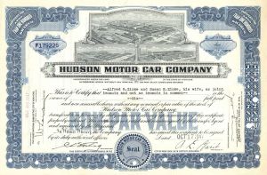 Hudson Motor Car Co. - Blue Type - 1951 dated Automotive Stock Certificate - Famous Car Maker