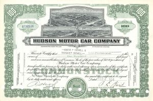 Hudson Motor Car Co. - Green Type - 1954 dated Automotive Stock Certificate - Famous Car Maker