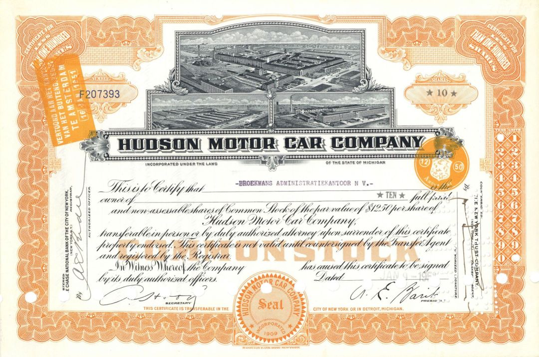 Hudson Motor Car Co. - Orange Type - 1951 dated Automotive Stock Certificate - Famous Car Maker