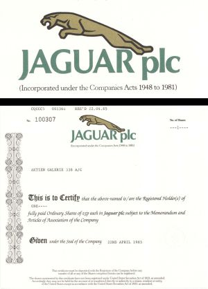 Jaguar plc-England - 1985 dated Stock Certificate (Uncanceled)
