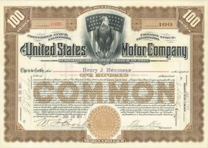 United States Motor Co. - 1911 dated Automotive Stock Certificate (Uncanceled)