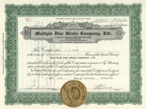 Multiple Disc Brake Co. - 1930 dated Stock Certificate (Uncanceled)